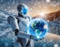 A futuristic AI robot holding a frosty Earth symbolizes reflection on environmental impacts