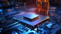 Futuristic AI robot hologram emerging from a motherboard\'s microprocessor, Ai Generated