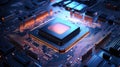 Futuristic AI robot hologram emerging from a motherboard\'s microprocessor, Ai Generated