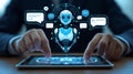 Futuristic ai robot interacting with digital interface on tablet, signifying advanced artificial intelligence and communication Royalty Free Stock Photo