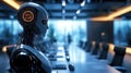 Futuristic AI robot in modern office conference room Royalty Free Stock Photo