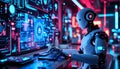 Futuristic AI Robot Operating Advanced Cybersecurity Interface Royalty Free Stock Photo