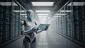 Futuristic AI Robot Operating Transparent Digital Interface in High-Tech Server Room Symbolizing Data Analysis and Cyber Royalty Free Stock Photo
