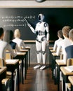 Futuristic AI Robot Professor Teaching High School Students Classroom Cyborg Education Class Desks Artificial Intelligence