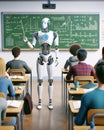 Futuristic AI Robot Professor Teaching High School Students Classroom Cyborg Education Class Desks Artificial Intelligence