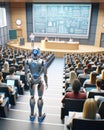 Futuristic AI Robot Professor Teaching Students University Classroom Cyborg Education Class Desks Artificial Intelligence