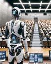 Futuristic AI Robot Professor Teaching Students University Classroom Cyborg Education Class Desks Artificial Intelligence