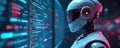 Futuristic AI robot studies digital interface with code. Smart digital customer service application powered by artificial Royalty Free Stock Photo
