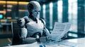 A futuristic AI secretary robot analyzing documents in a high tech office showcasing the blend of artificial intelligence and Royalty Free Stock Photo
