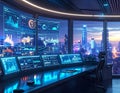 Futuristic AI Smart City Command Center With Data Analytics Dashboard And Cyberpunk Skyline View, Advanced Technology Control Room Royalty Free Stock Photo