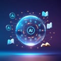 Futuristic AI sphere with glowing circuits and floating books artificial intelligence Royalty Free Stock Photo