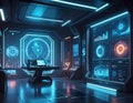 Futuristic AI Technology Control Room with Advanced Data Analytics Dashboard and Cybersecurity Monitoring Interface Royalty Free Stock Photo