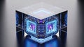 Futuristic AI technology cube with glowing blue circuits and processors Royalty Free Stock Photo
