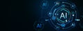 Futuristic AI technology digital concept with glowing blue artificial intelligence symbols on a dark background. 3D Rendering