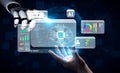 Futuristic AI Technology Interaction with Human Hand and Digital Interface Representing Data and Machine Learning Royalty Free Stock Photo