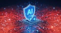 Futuristic AI technology shield emblem with glowing circuit board design representing advanced digital intelligence Royalty Free Stock Photo