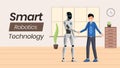 Futuristic ai technology vector banner template. Young man and humanoid robot shaking hands characters. Artificial