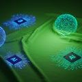 Futuristic AI-themed image featuring glowing circuits and semiconductor chips Royalty Free Stock Photo