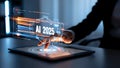 Ai visualization on tablet with hand touching screen displaying futuristic technology concept Royalty Free Stock Photo