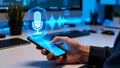 AI Voice Recognition Technology Interface. Digital Assistant, Speech to Text Waveform and Futuristic Virtual Audio Control Concept Royalty Free Stock Photo