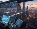 Futuristic urban air traffic control center monitors flying autonomous vehicles and drones over a sprawling metropolis Royalty Free Stock Photo