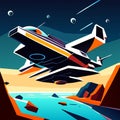 Futuristic aircraft flying over the sea. Vector illustration in cartoon style Generative AI