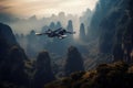 Futuristic aircraft flying through zhangjiajie national park