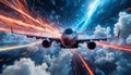 A futuristic aircraft soars through a dynamic sky filled with dramatic lightning Royalty Free Stock Photo