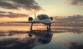 Futuristic aircraft at sunset, sleek design, reflective surface, serene atmosphere, advanced technology, multiple Royalty Free Stock Photo