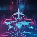 Futuristic airplane flying over digital world map with neon circuitry. Royalty Free Stock Photo