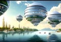 Futuristic airship flying over the city. 3D rendering