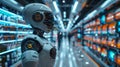 Futuristic Algorithmic Marketplace: Robots Navigating Holographic Aisles in the Digital Economy