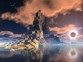Futuristic Alien City at Lunar Eclipse
