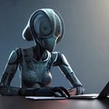 Futuristic alien hacker using laptop in outer space