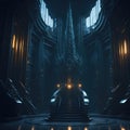 Futuristic Alien Mothership Hall, Flying Castle, Throne Room Interior Hallway, Dark with Lights Glowing, Generative AI