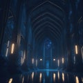 Futuristic Alien Mothership Hall, Flying Castle, Throne Room Interior Hallway, Dark with Lights Glowing, Generative AI