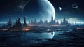 Futuristic alien planet city scene with a full moon