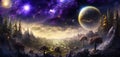 Futuristic alien planet landscape with purple night sky, moons and stars. Abstract fantasy plants and palace Royalty Free Stock Photo