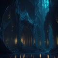 Futuristic Alien World, Old Castle, Throne Room Interior Hallway, Dark with Lights Glowing, Generative AI