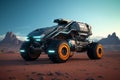 Futuristic all-terrain vehicle in the desert over rocky dessert background. Generative AI Royalty Free Stock Photo