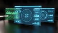 Futuristic analytics dashboard glowing screens with data visualization Royalty Free Stock Photo