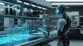 Futuristic android analyzing data in advanced laboratory environment