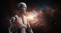 Futuristic android with cosmic background and nebula explosion in outer space