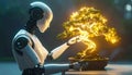 Futuristic Android Cultivating a Luminous Tree Royalty Free Stock Photo