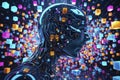 Futuristic android head with glowing digital particles artificial intelligence data network and advanced cyber technology concept Royalty Free Stock Photo