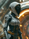 Futuristic Android Humanoid Robot in a Sci Fi Corridor, Advanced Artificial Intelligence Concept