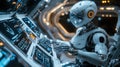 Futuristic android operating spaceship controls inside high-tech cockpit with advanced interface and neon lights