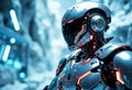 Futuristic robot with sleek design and glowing orange accents in a high-tech environment Royalty Free Stock Photo