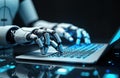 Futuristic android robot hands type on laptop keyboard. AI robot writing text on computer. Automated creation of text. Concept of