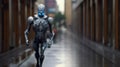 Futuristic Android Robot with a Metal Suit Emerges from the Blurred Background. Generative AI